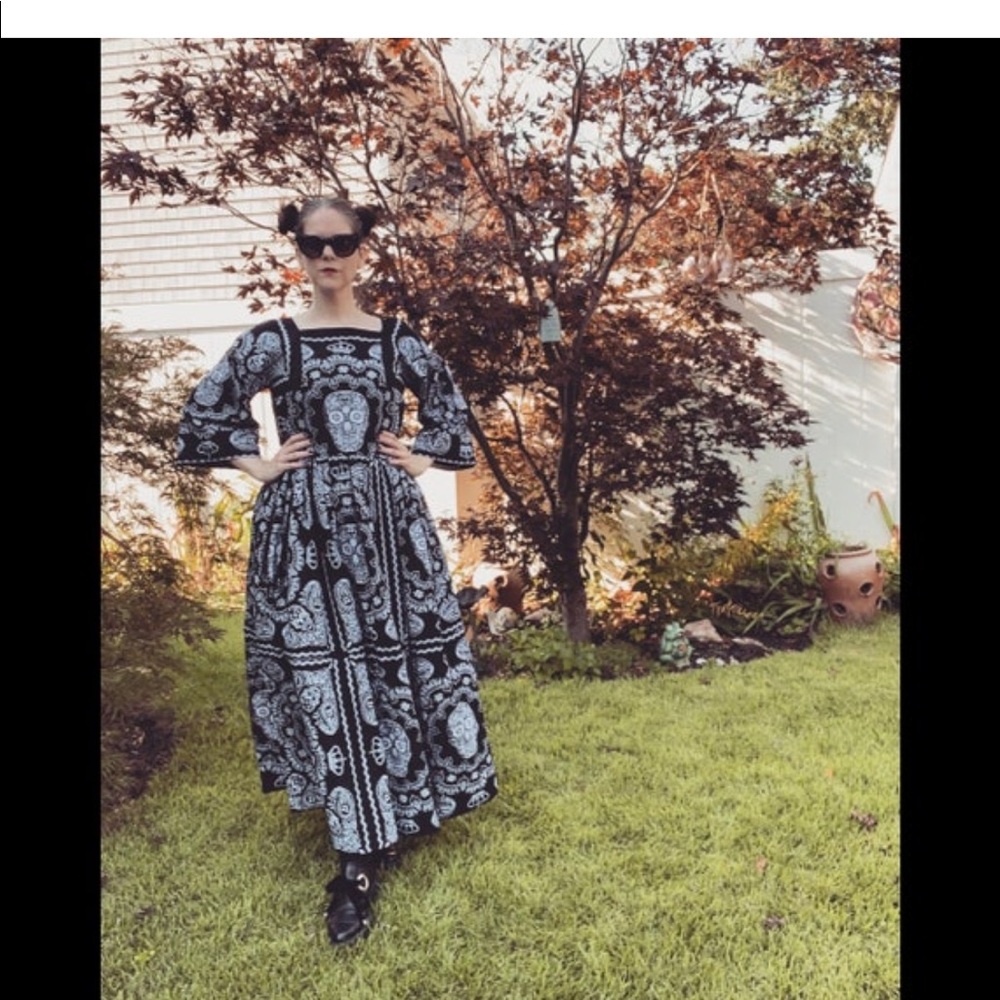 💀LAST ONE 💀 Handmade Black & White Skull Skeleton Print Bandana Maxi Dress - Picture 8 of 14